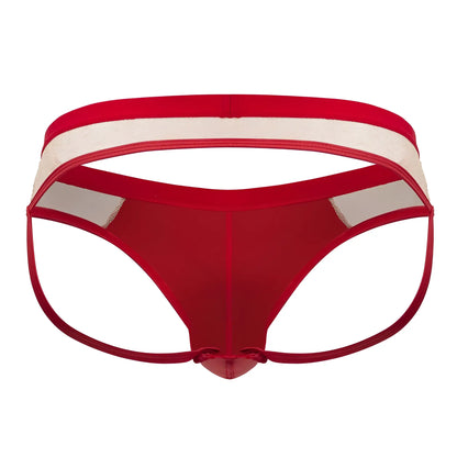 Candyman 99763 lace jockstrap in nude red with a red and white mesh thong and solid red front panel