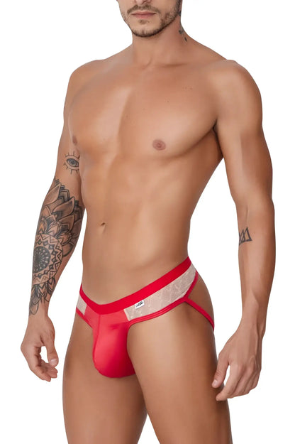 CandyMan 99763 lace jockstrap in nude and red with red and white lace trim and bold red waistband