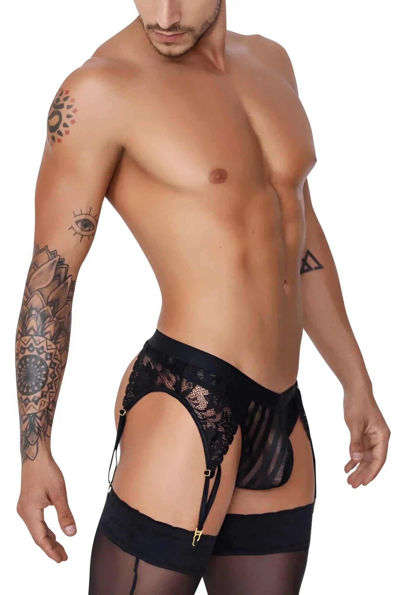Black lace candyMan 99766 garter thongs with gold-toned hardware and matching sheer stockings in black