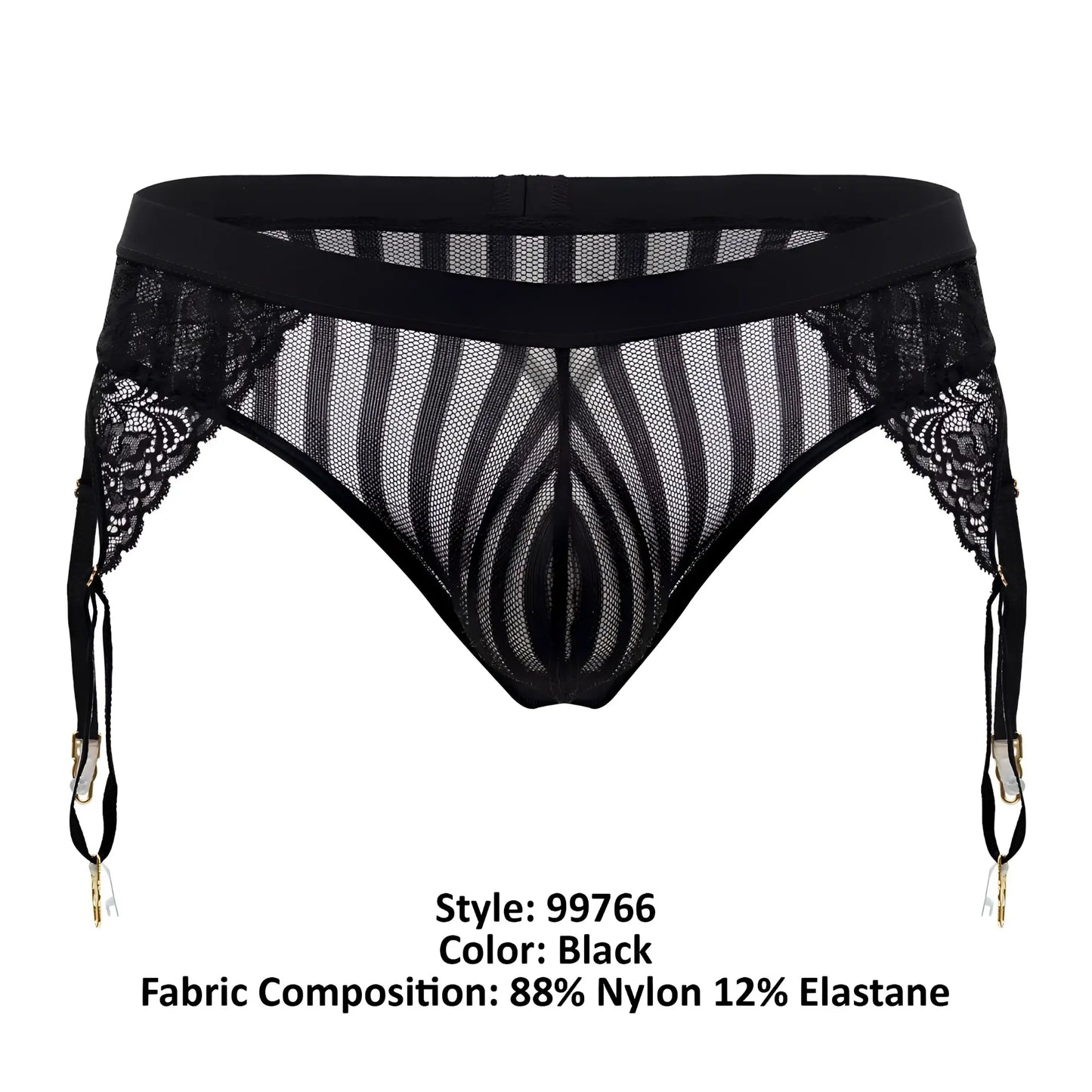 Black lace garter thongs with sheer mesh striped pattern and gold-toned clasps candyMan 99766 color black