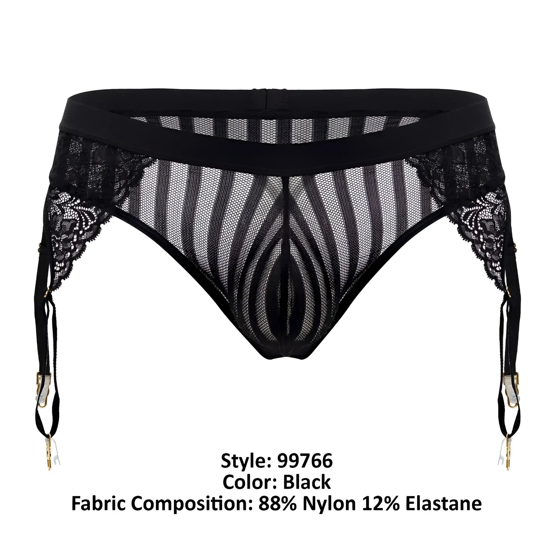 Black lace garter thongs with sheer mesh striped pattern and gold-toned clasps candyMan 99766 color black