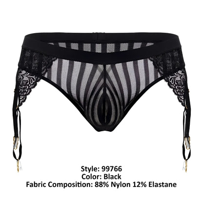 Black lace garter thongs with sheer mesh striped pattern and gold-toned clasps candyMan 99766 color black