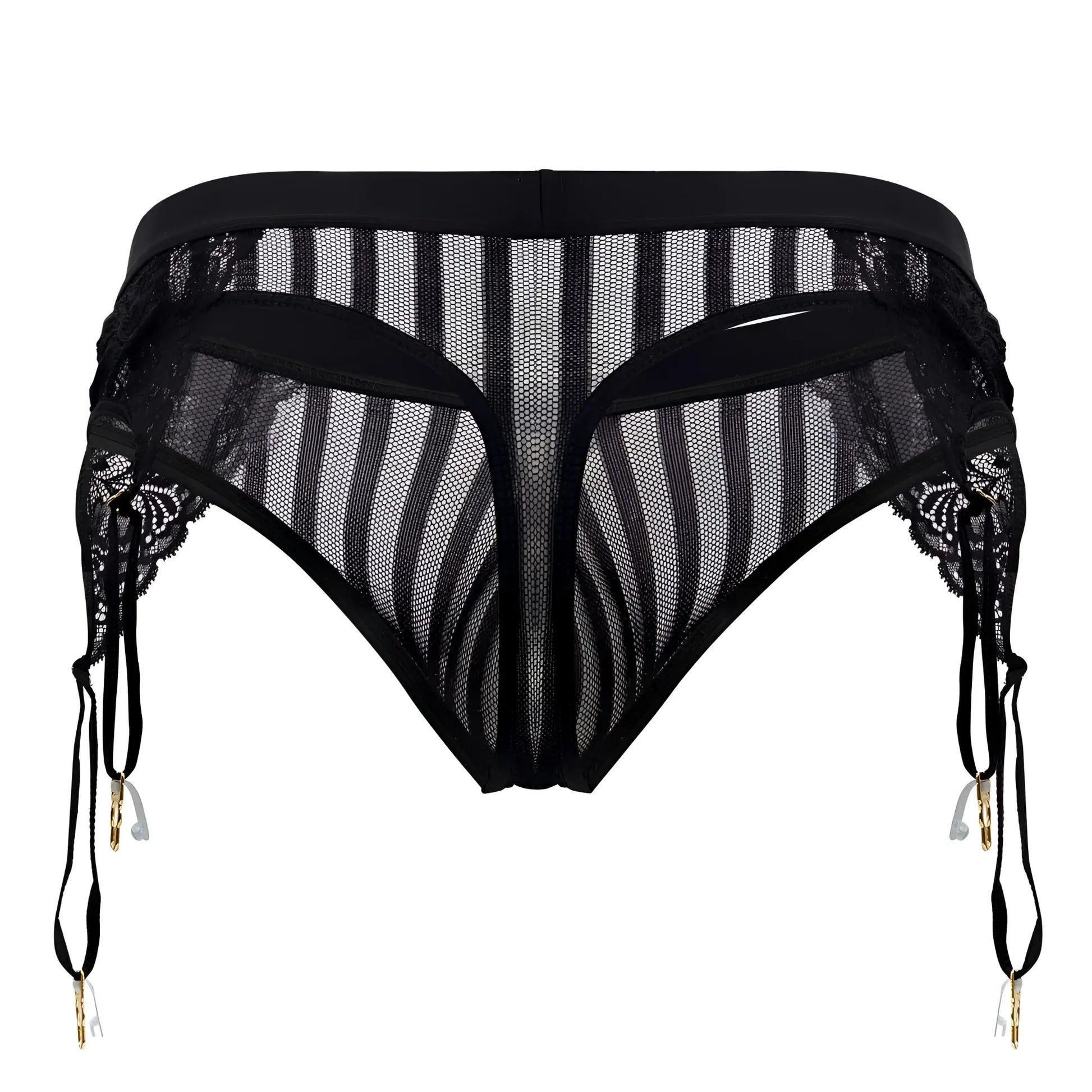 CandyMan 99766 black garter thong featuring black lace mesh with striped pattern and gold toned clips
