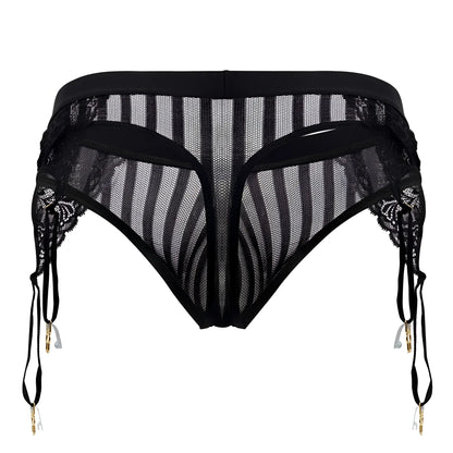 CandyMan 99766 black garter thong featuring black lace mesh with striped pattern and gold toned clips