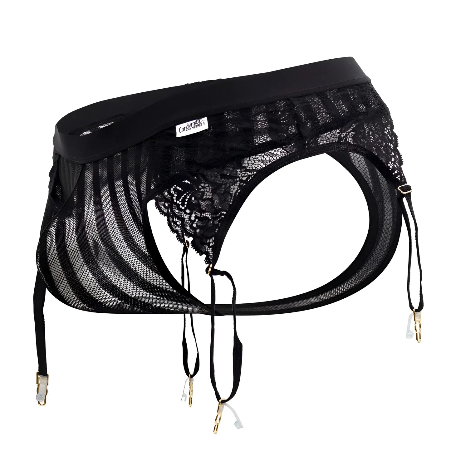 Black lace and mesh garter thong with gold toned clasps from candyman 99766 in black color