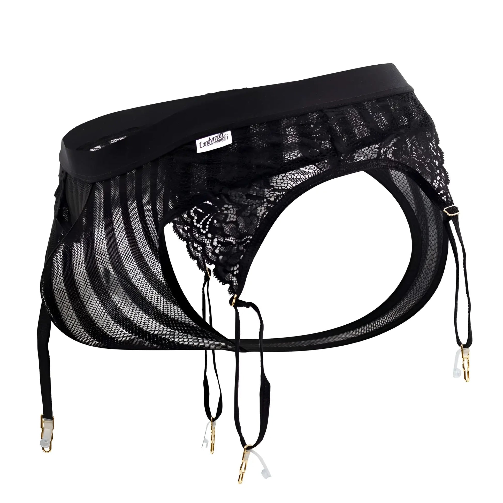 Black lace and mesh garter thong with gold toned clasps from candyman 99766 in black color