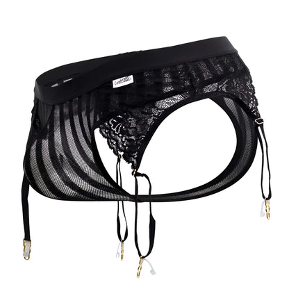 Black lace and mesh garter thong with gold toned clasps from candyman 99766 in black color