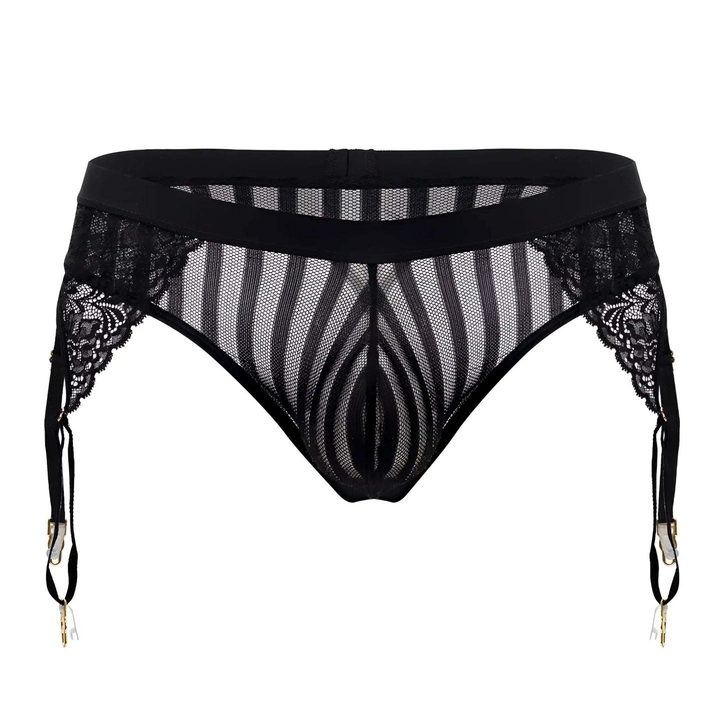 CandyMan 99766 garter thongs in black with lace-trimmed mesh, striped pattern, and gold-toned clasps
