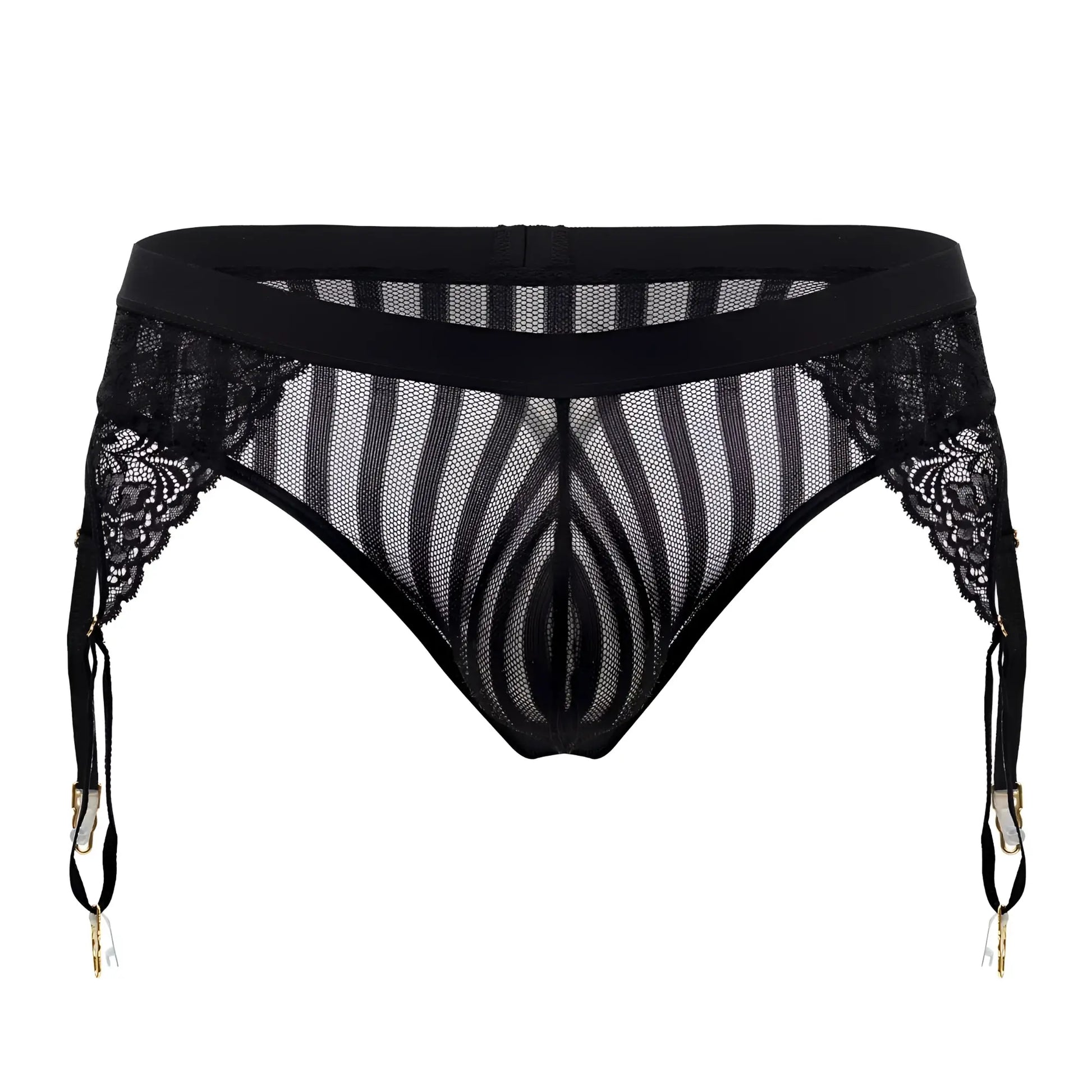 CandyMan 99766 garter thongs in black with lace-trimmed mesh, striped pattern, and gold-toned clasps