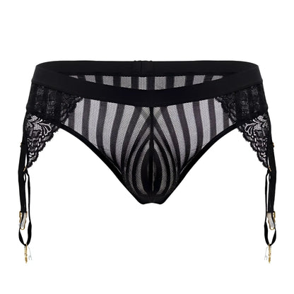 CandyMan 99766 garter thongs in black with lace-trimmed mesh, striped pattern, and gold-toned clasps