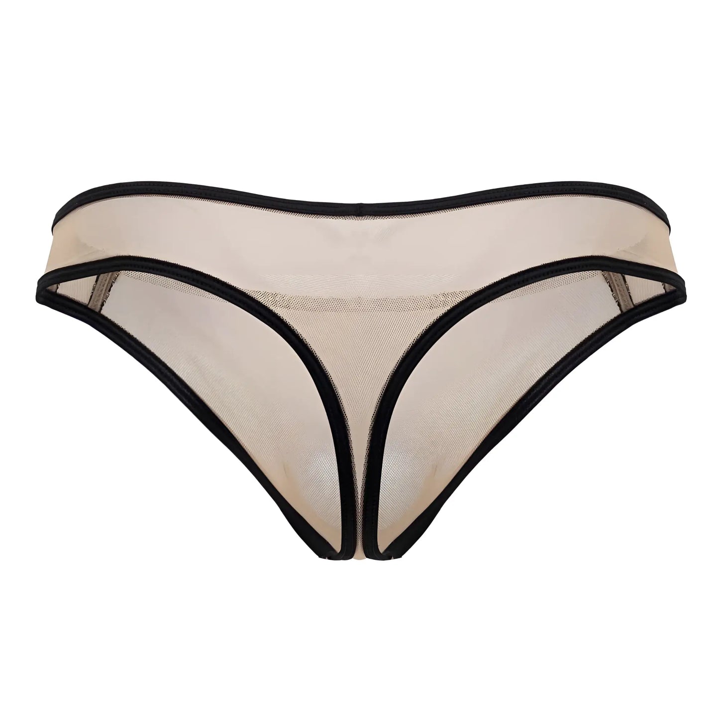 Beigе mesh thong with black trim from candyman 99767 featuring breathable sports mesh fabric and sleek design