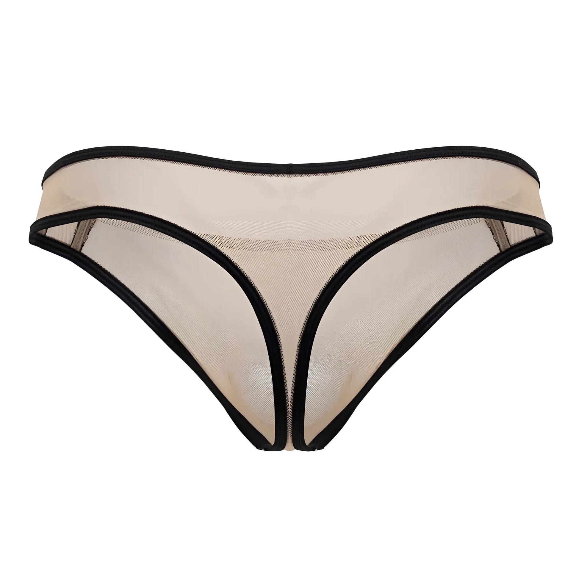 Beigе mesh thong with black trim from candyman 99767 featuring breathable sports mesh fabric and sleek design