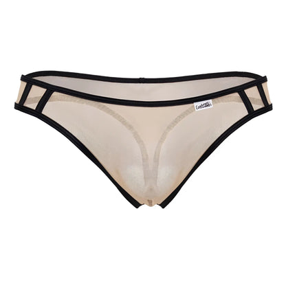 CandyMan 99767 beige sports mesh thong with black trim and small white brand tag visible on the front side