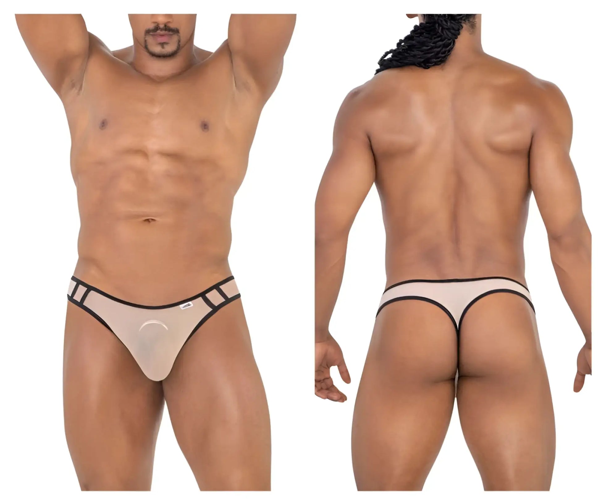 Beige candyman 99767 sports mesh thong with black trim and small logo on waistband, front view