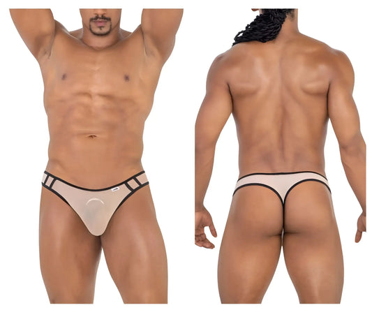 Beige candyman 99767 sports mesh thong with black trim and small logo on waistband, front view