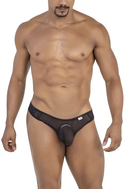 Candyman 99767 black sports mesh thongs featuring a central pouch and reinforced side panels for support