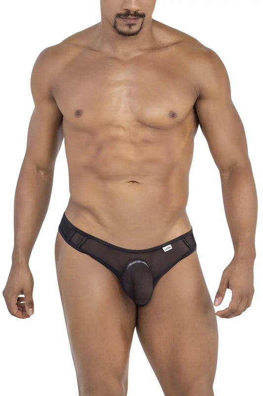 Candyman 99767 black sports mesh thongs featuring a central pouch and reinforced side panels for support