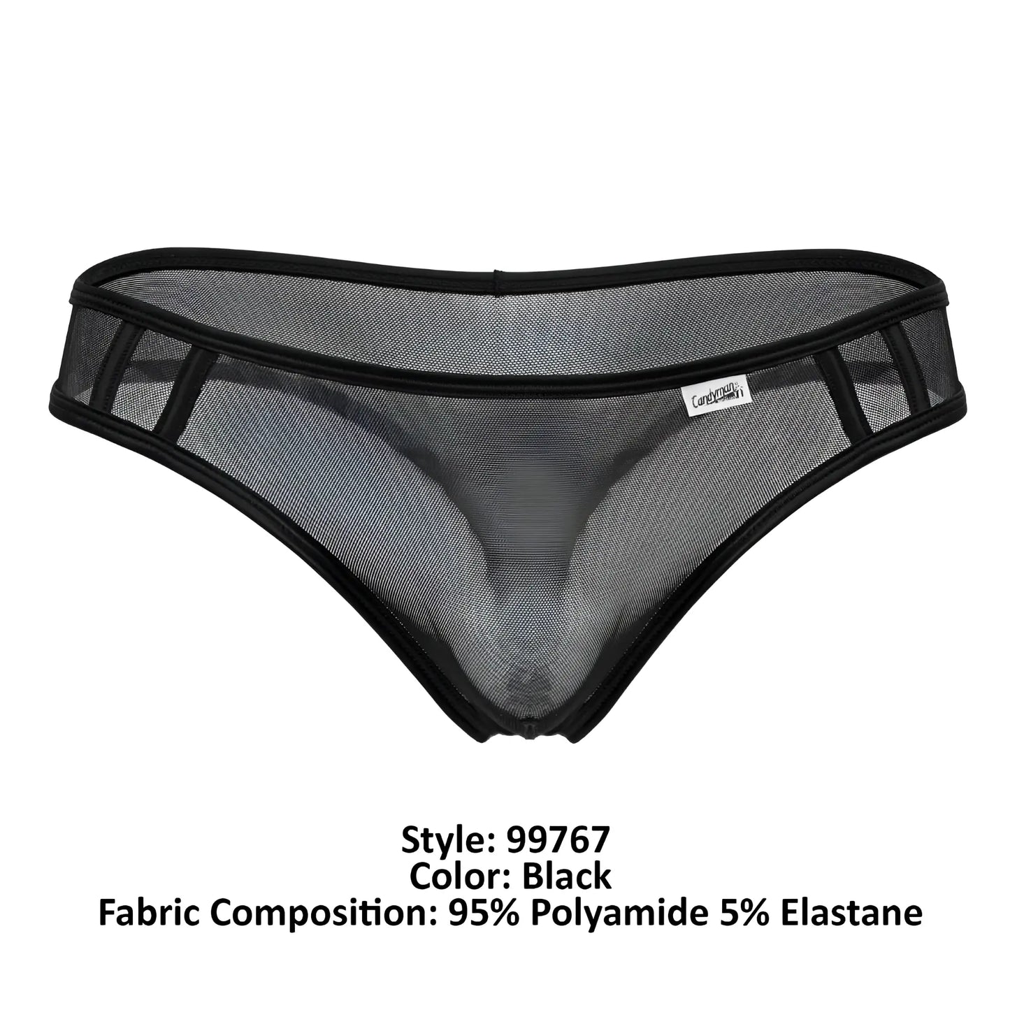 Black CandyMan 99767 sports mesh briefs with elastic trim and small white brand tag made from breathable material