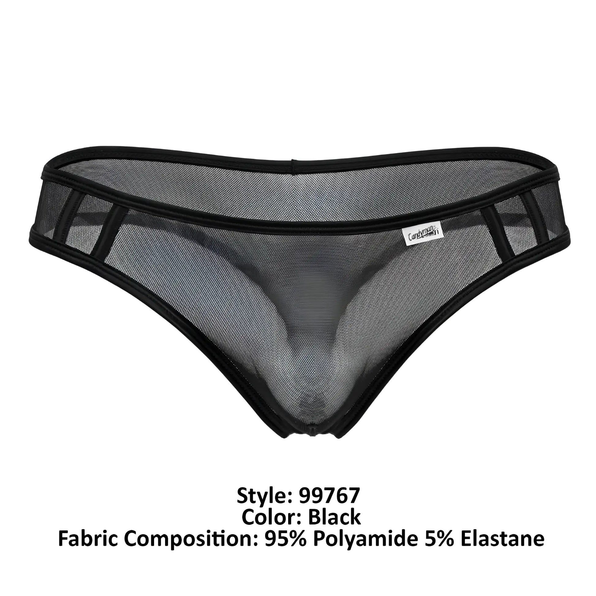 Black CandyMan 99767 sports mesh briefs with elastic trim and small white brand tag made from breathable material