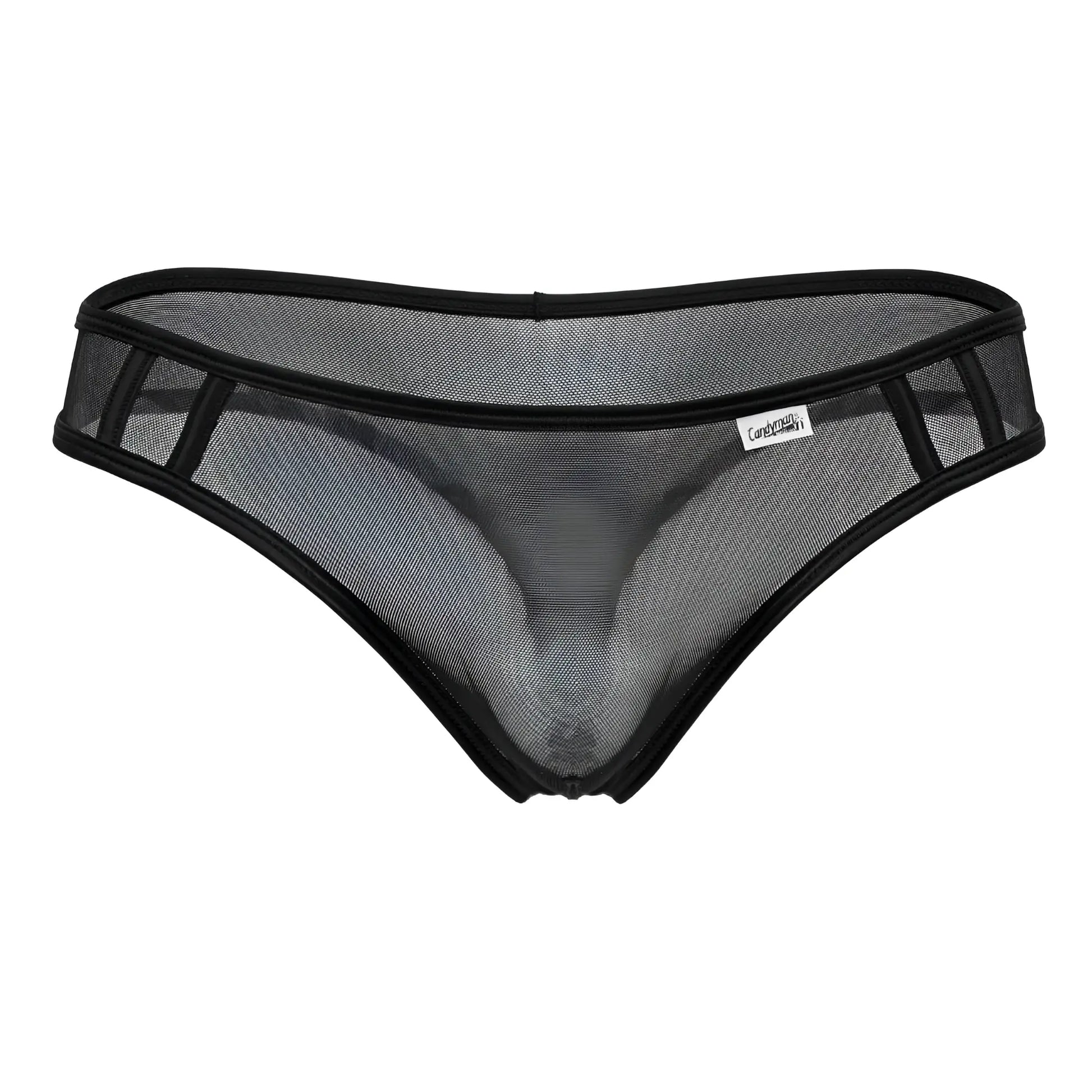 Black CandyMan 99767 sports mesh thong featuring a sleek transparent design with reinforced black trim