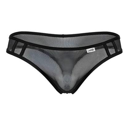Black CandyMan 99767 sports mesh thong featuring a sleek transparent design with reinforced black trim