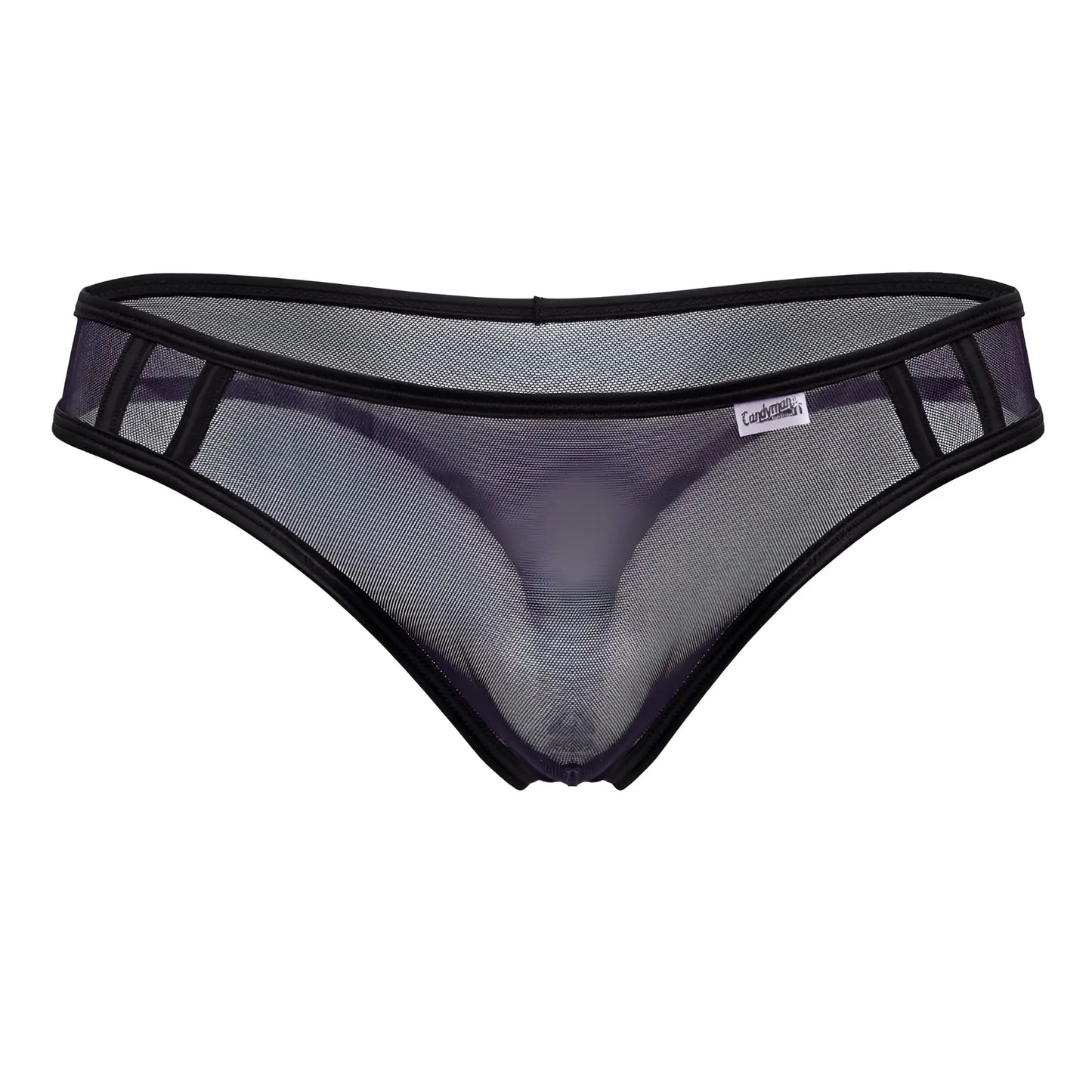 Black CandyMan 99767 sports mesh thong with reinforced trim and small brand tag in navy color, front view