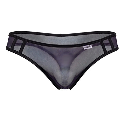 Black CandyMan 99767 sports mesh thong with reinforced trim and small brand tag in navy color, front view