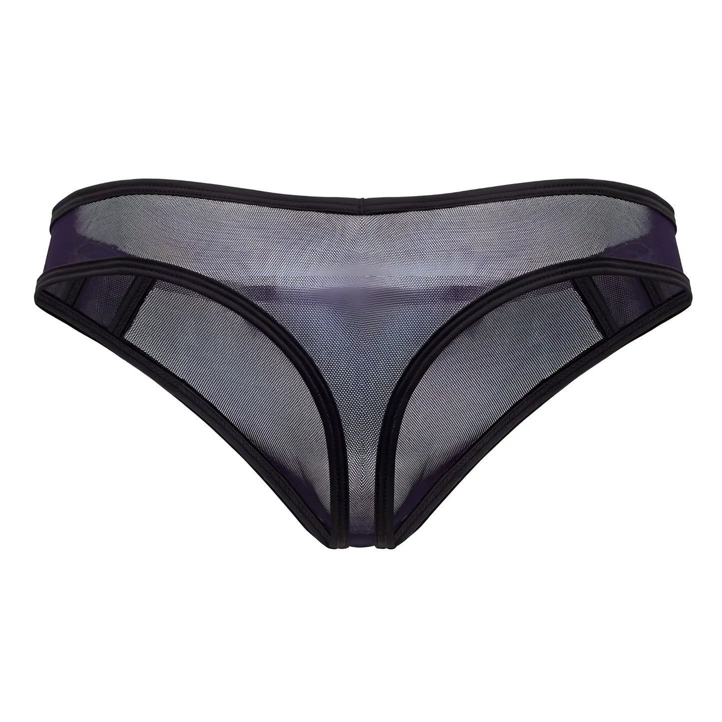 Candyman 99767 sports mesh thong in navy with black solid trim and sheer translucent fabric front view