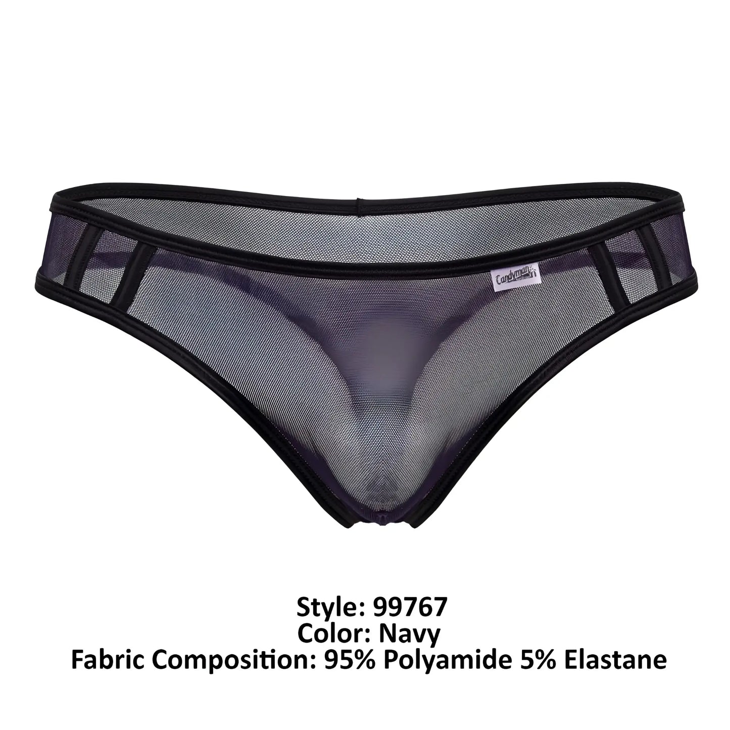 CandyMan 99767 navy sports mesh thongs with black trim and subtle brand tag showing front side
