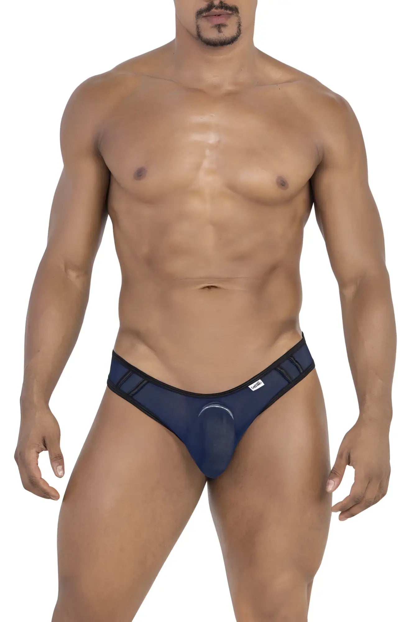 Navy blue CandyMan 99767 sports mesh briefs with black trim and central circular cutout for athletic use