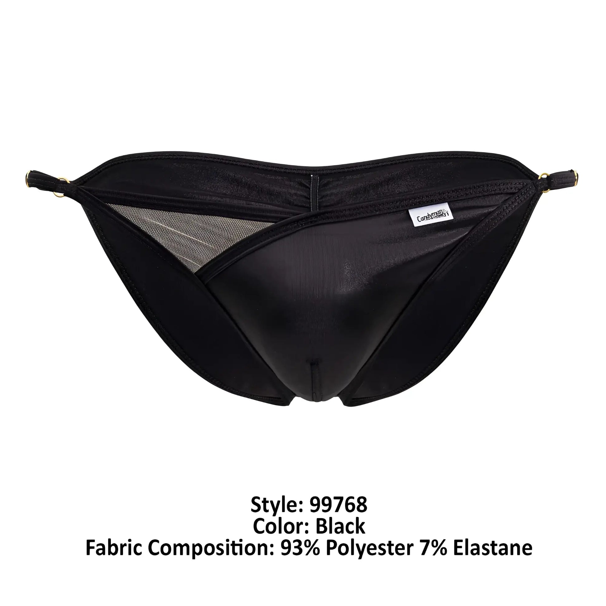 Black CandyMan 99768 Peekaboo bikini briefs with shiny form-fitting exterior and mesh side paneling