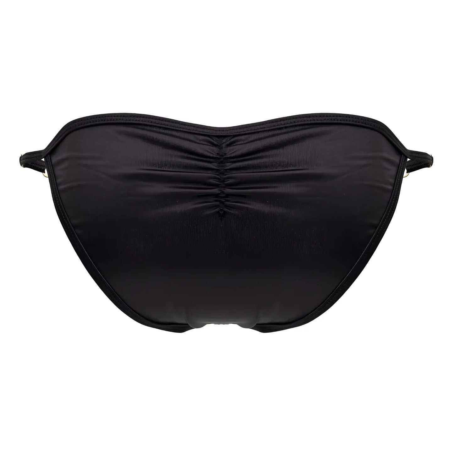 Black ruched bikini bottom with smooth stretchy fabric and thin side ties from candyman 99768 peekaboo bikini