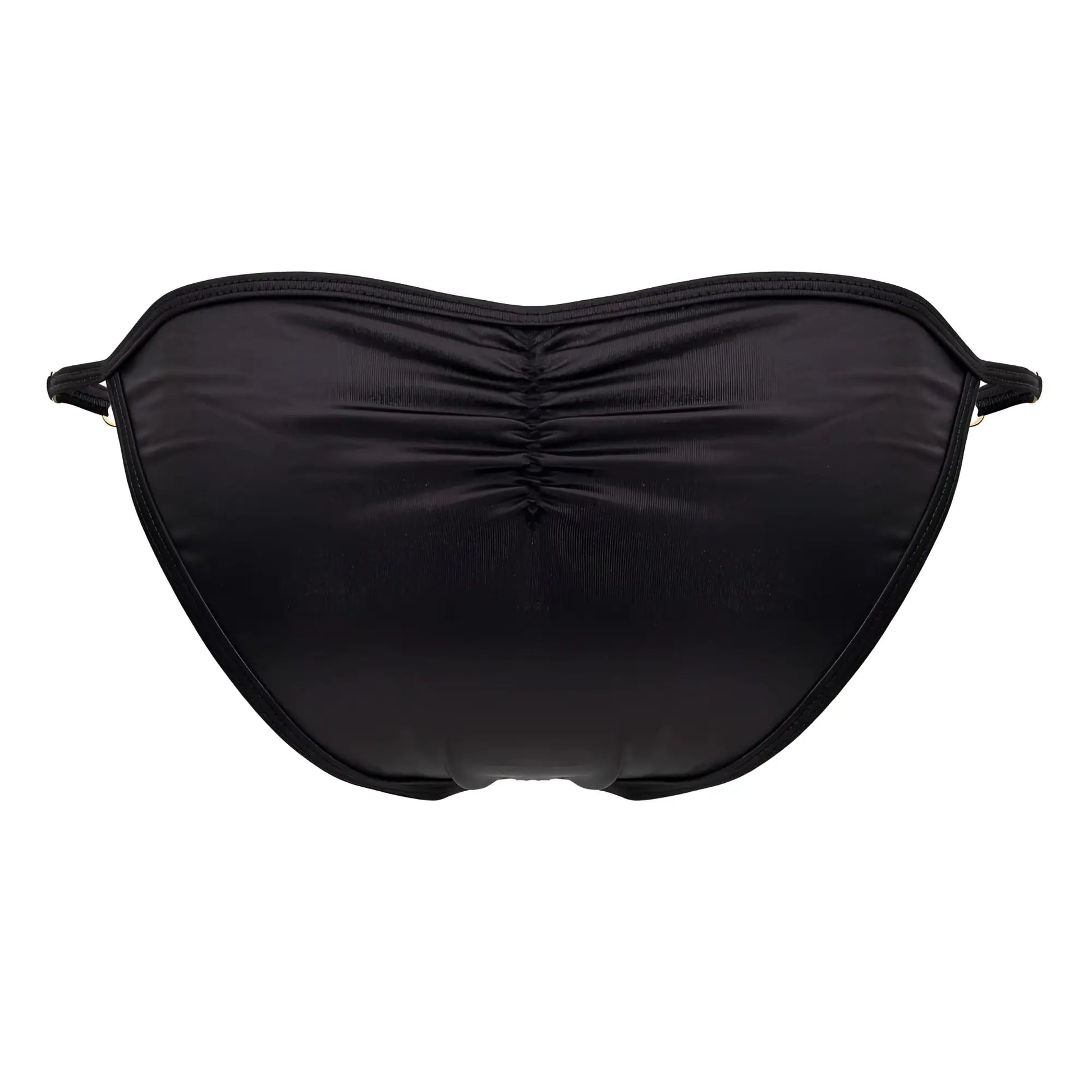 Black ruched bikini bottom with smooth stretchy fabric and thin side ties from candyman 99768 peekaboo bikini