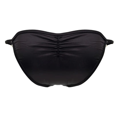 Black ruched bikini bottom with smooth stretchy fabric and thin side ties from candyman 99768 peekaboo bikini