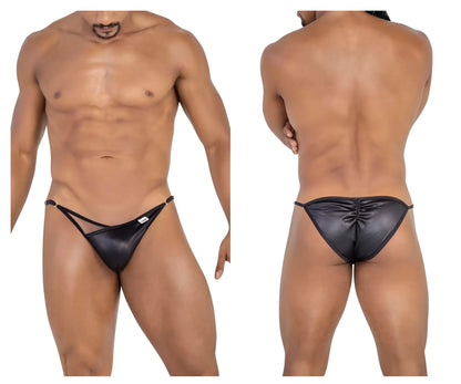 Black shiny faux leather thong bikini with ruched back and thin side ties candyMan 99768 peekaboo bikini