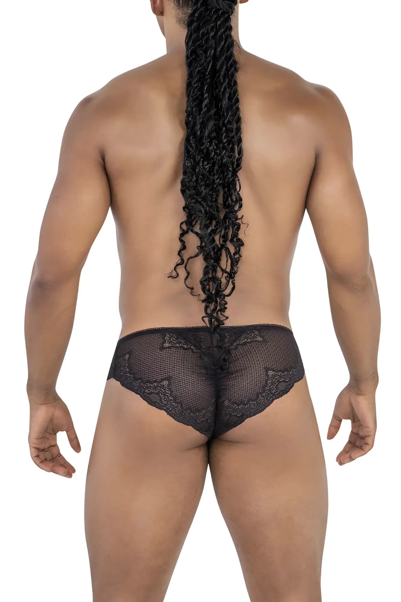 Black lace briefs candyman 99769 with sheer mesh design and intricate patterned trim in black color
