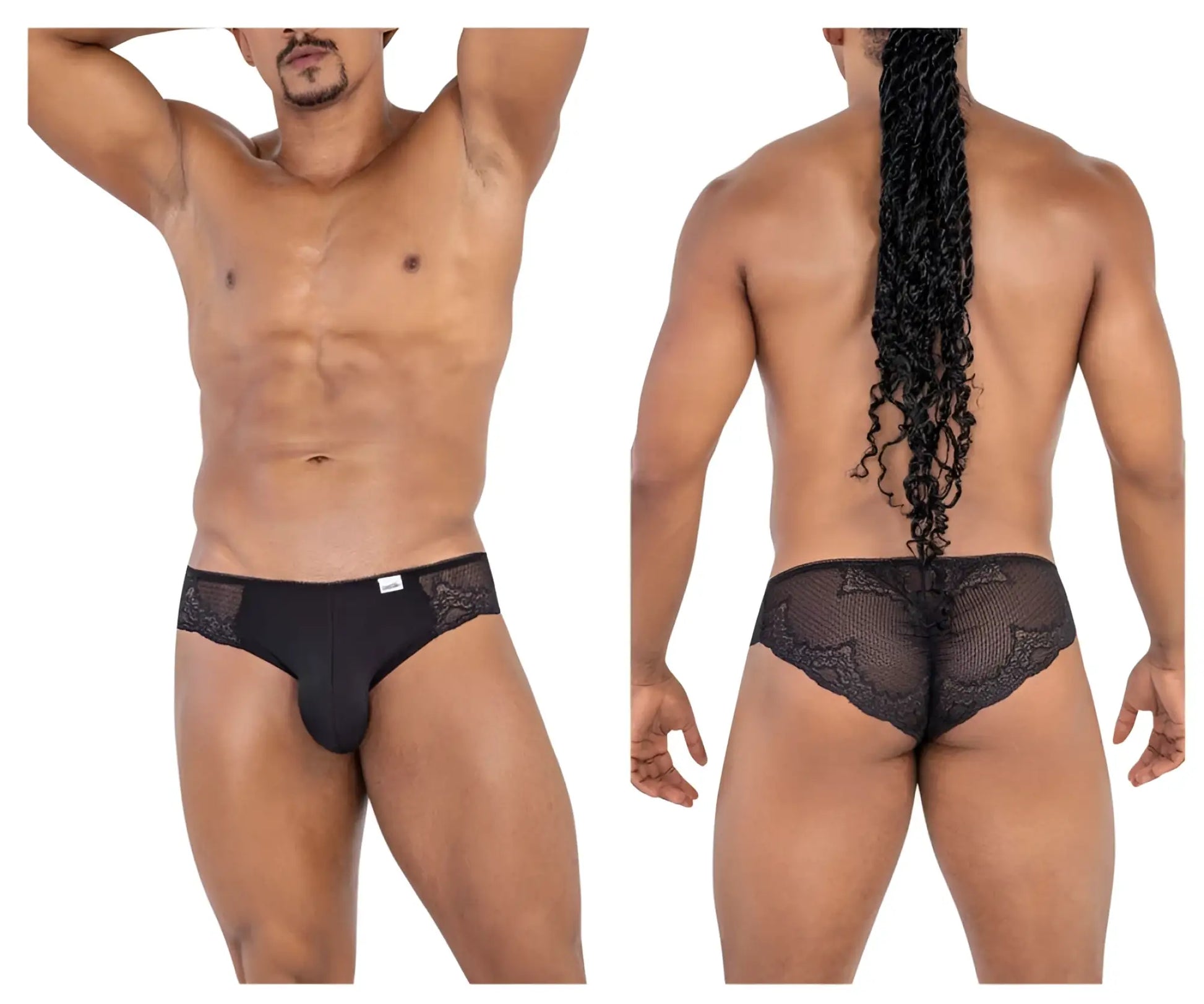 Black candyMan 99769 lace briefs showing mesh back panel and lace trim in sheer black fabric