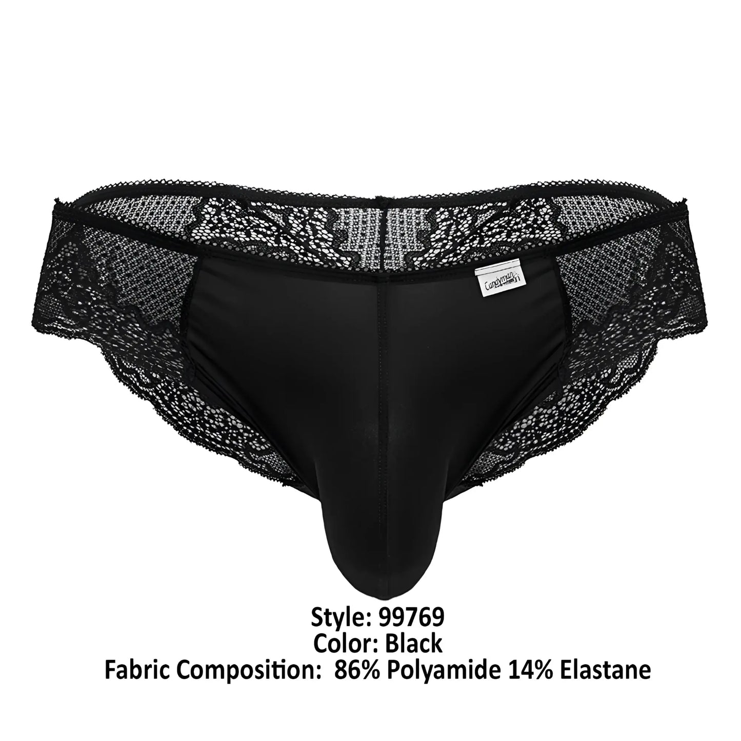 Candyman 99769 black lace briefs for men with smooth, form-fitting design and lace trim detailing