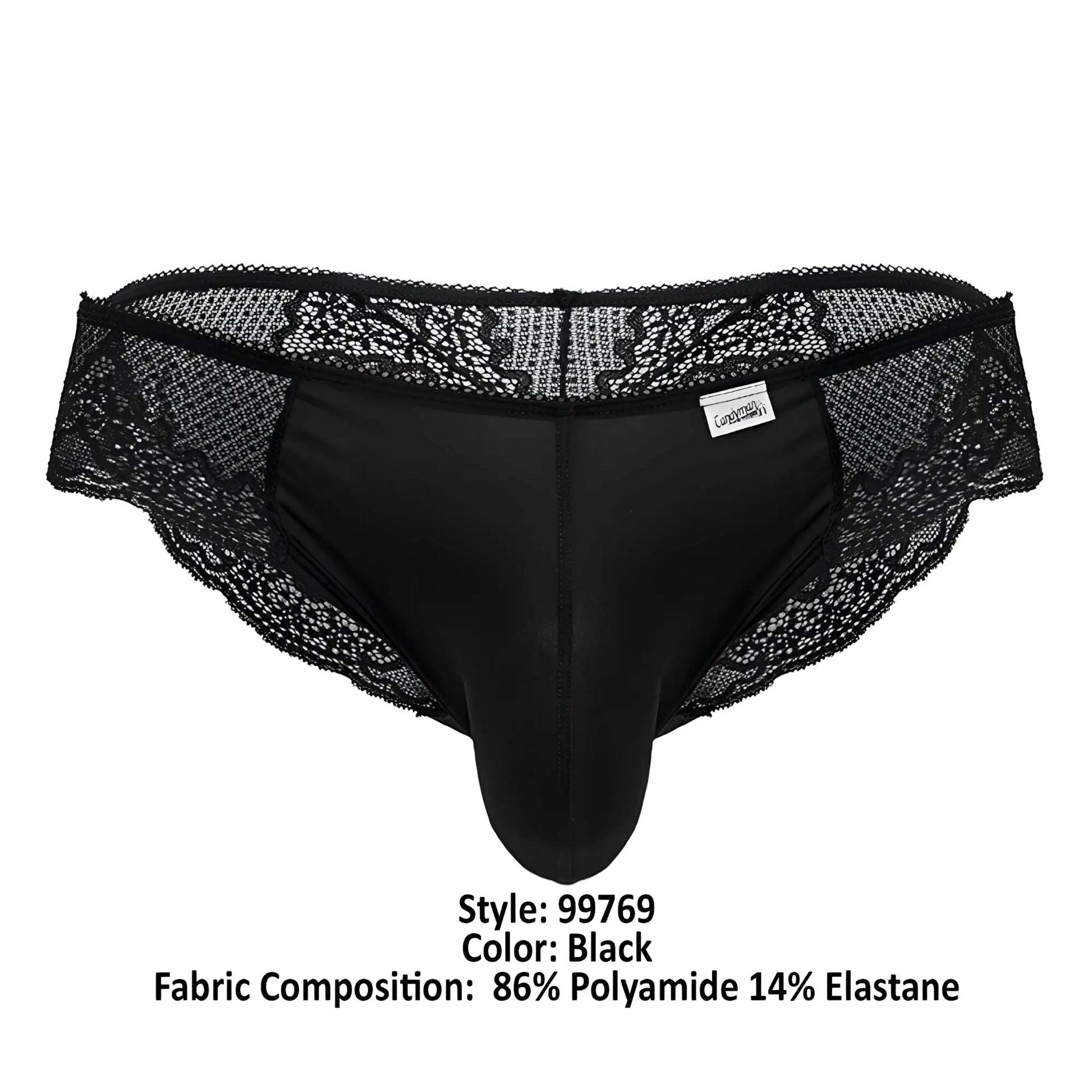 Candyman 99769 black lace briefs for men with smooth, form-fitting design and lace trim detailing