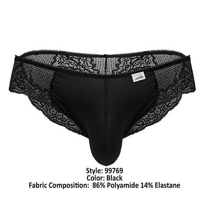 Candyman 99769 black lace briefs for men with smooth, form-fitting design and lace trim detailing