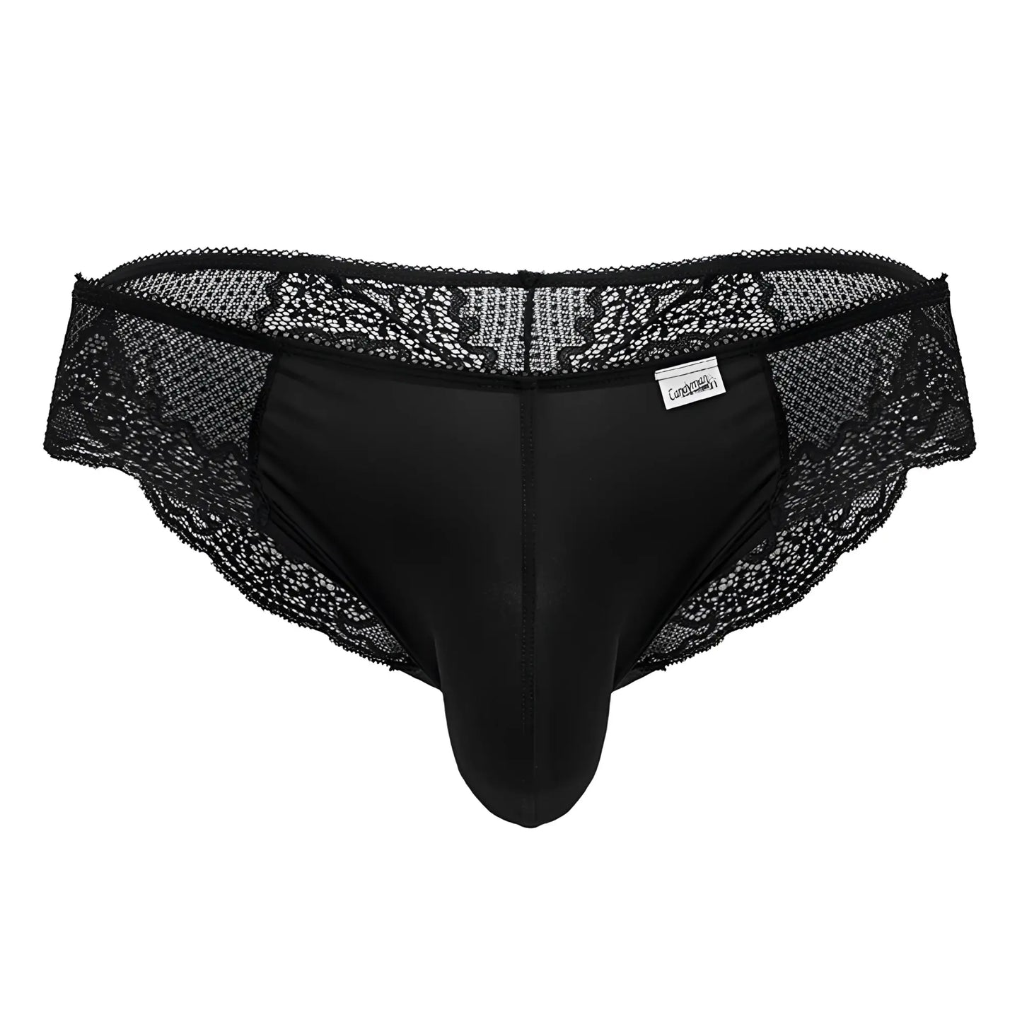 Black candyMan 99769 lace briefs featuring satin-like fabric and floral embroidery along the waistband