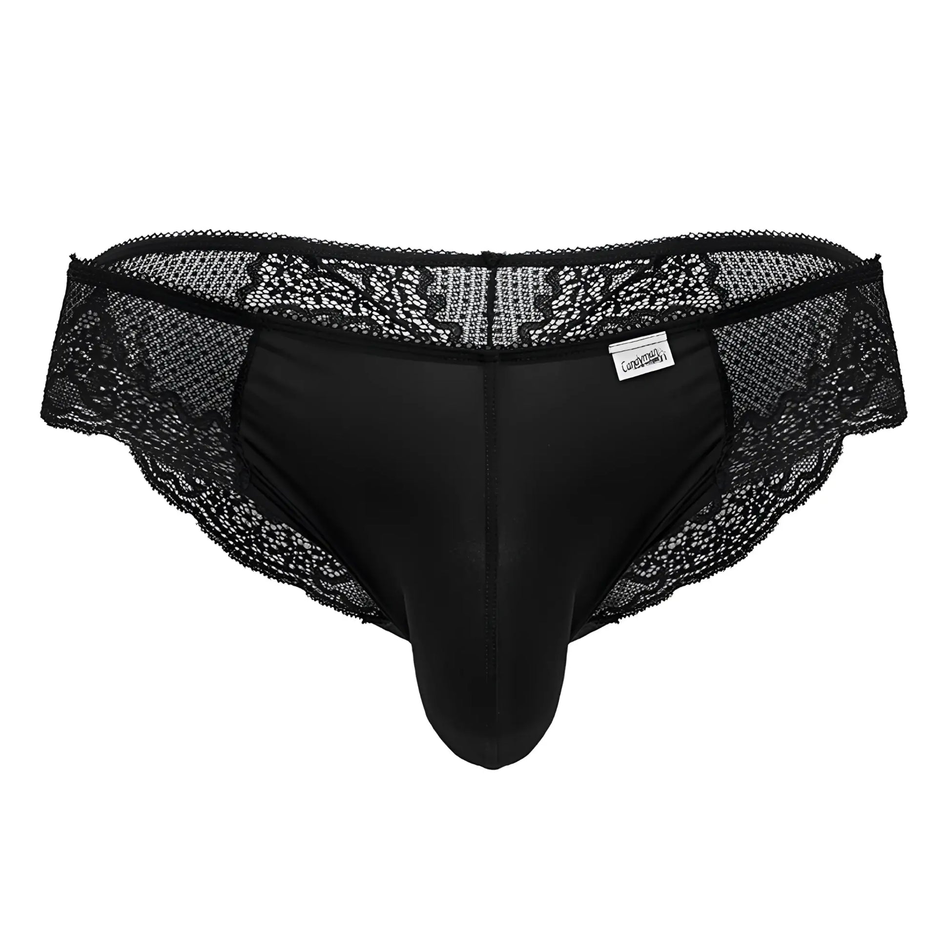 Black candyMan 99769 lace briefs featuring satin-like fabric and floral embroidery along the waistband