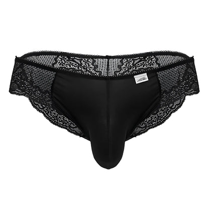 Black candyMan 99769 lace briefs featuring satin-like fabric and floral embroidery along the waistband