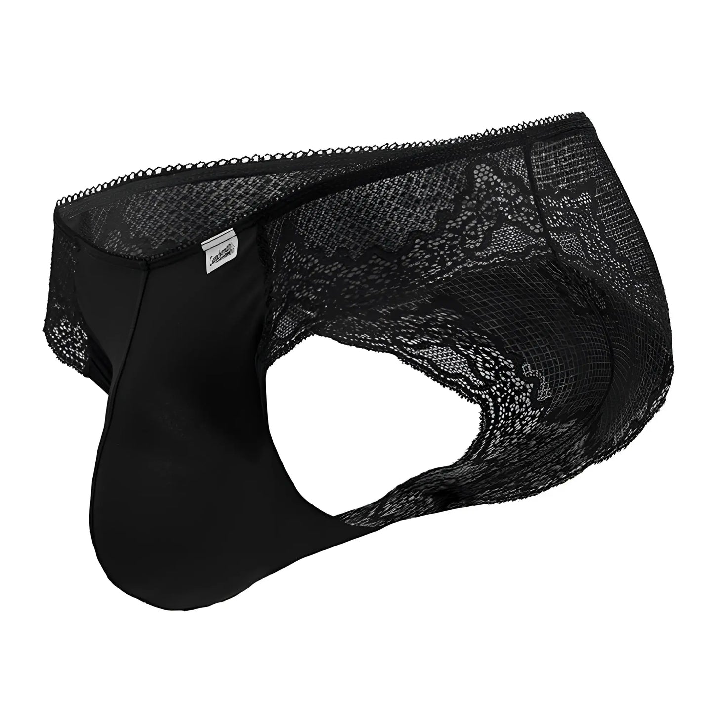 CandyMan 99769 black lace briefs with smooth solid front and intricate floral lace trim on the sides