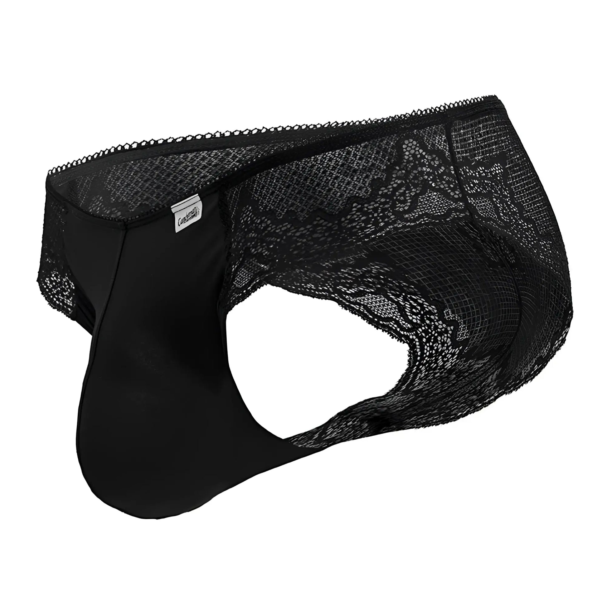 CandyMan 99769 black lace briefs with smooth solid front and intricate floral lace trim on the sides