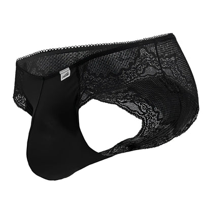 CandyMan 99769 black lace briefs with smooth solid front and intricate floral lace trim on the sides