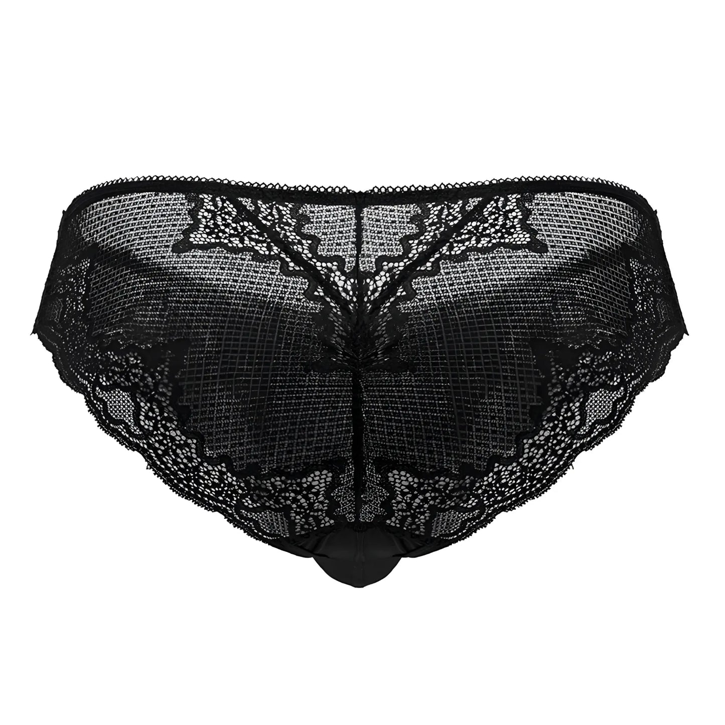 Black CandyMan 99769 lace briefs with intricate floral patterns and sheer mesh base underwear