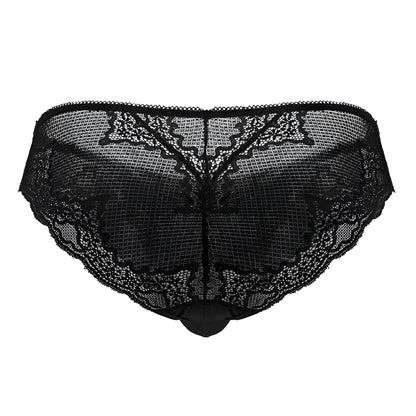 Black CandyMan 99769 lace briefs with intricate floral patterns and sheer mesh base underwear