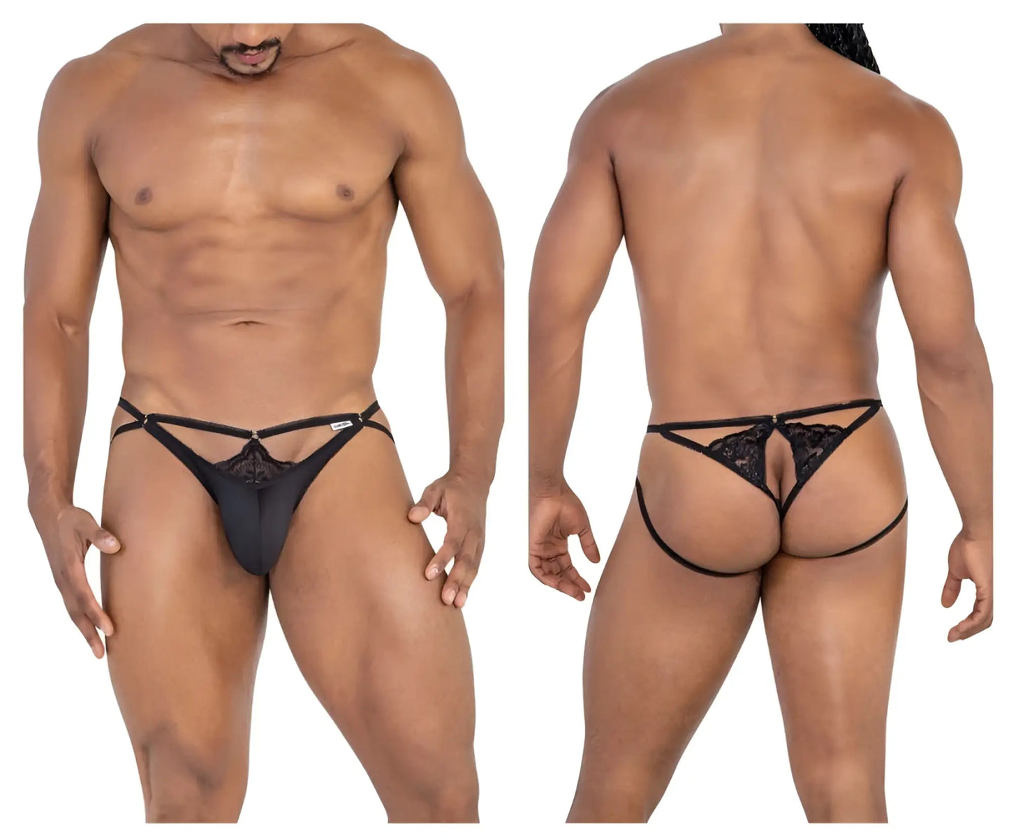 Black lace thong candyMan 99770 lace jock thongs with central decorative panel and side straps in black