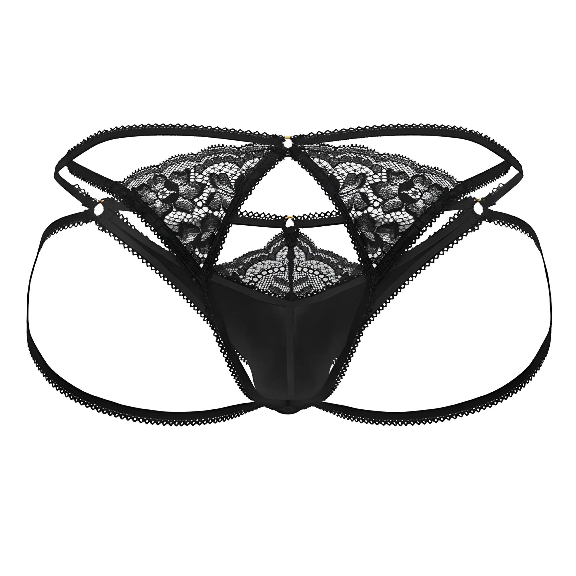 Black candyMan 99770 lace jock thong featuring intricate floral patterns and satin-like fabric visible from the back